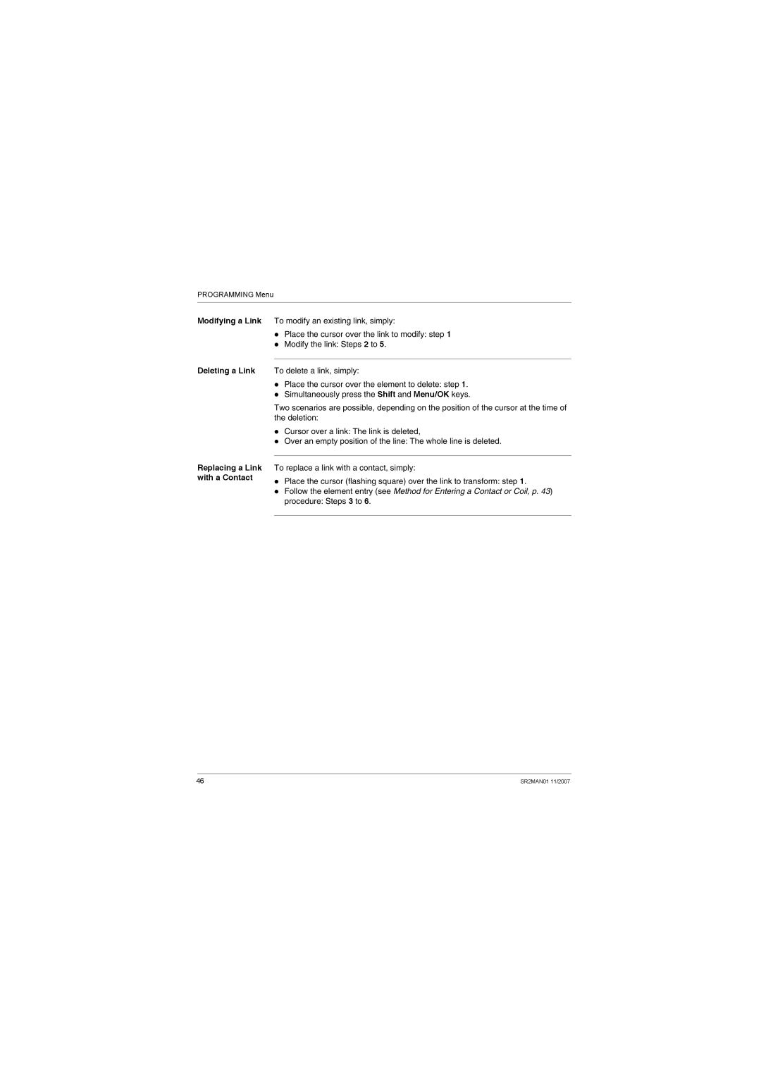 Schneider Electric SR2MAN01 user manual Deleting a Link Replacing a Link with a Contact 