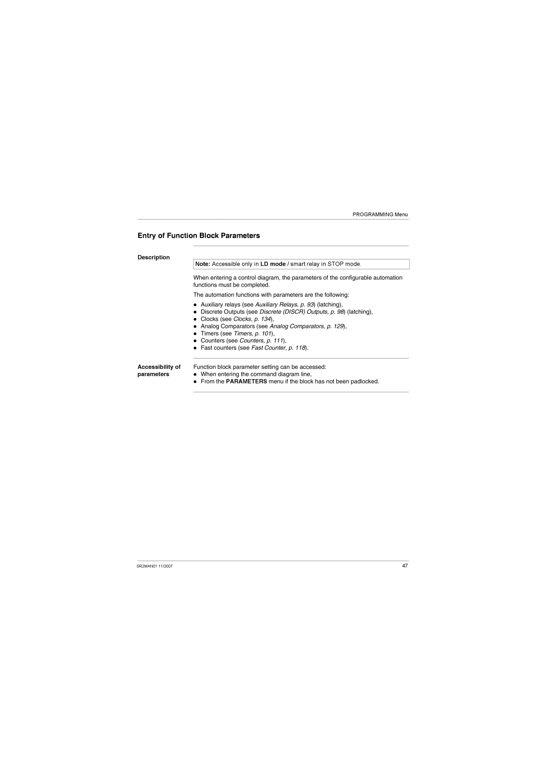 Schneider Electric SR2MAN01 user manual Entry of Function Block Parameters, Description Accessibility of parameters 