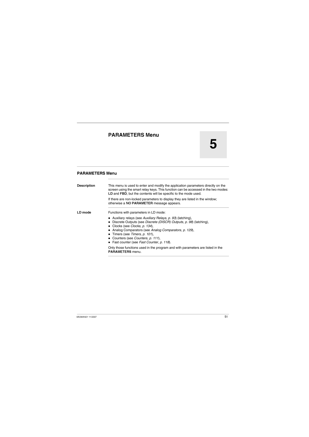 Schneider Electric SR2MAN01 user manual Parameters Menu, LD mode, Parameters menu 