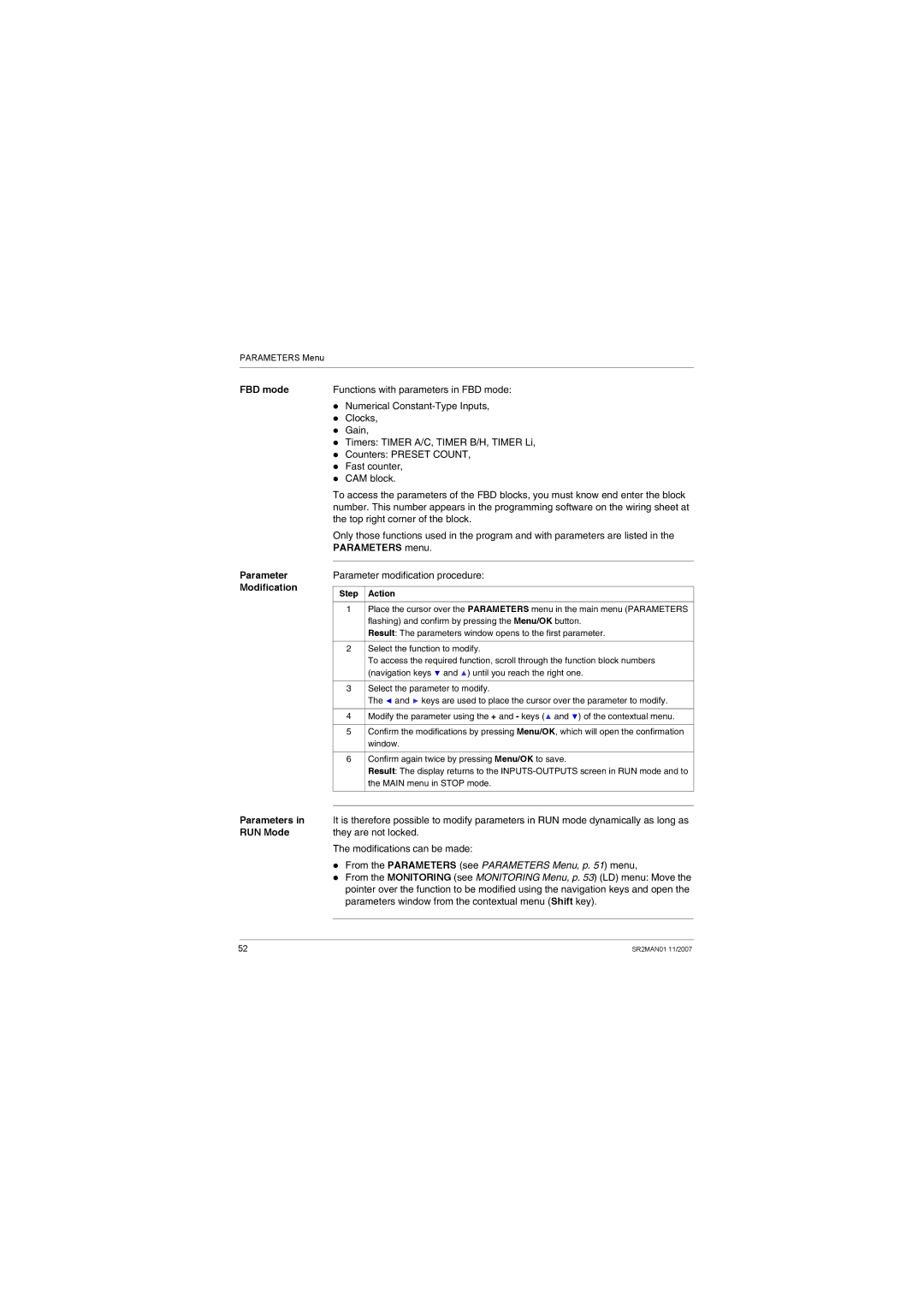 Schneider Electric SR2MAN01 user manual FBD mode Parameter Modification, RUN Mode 