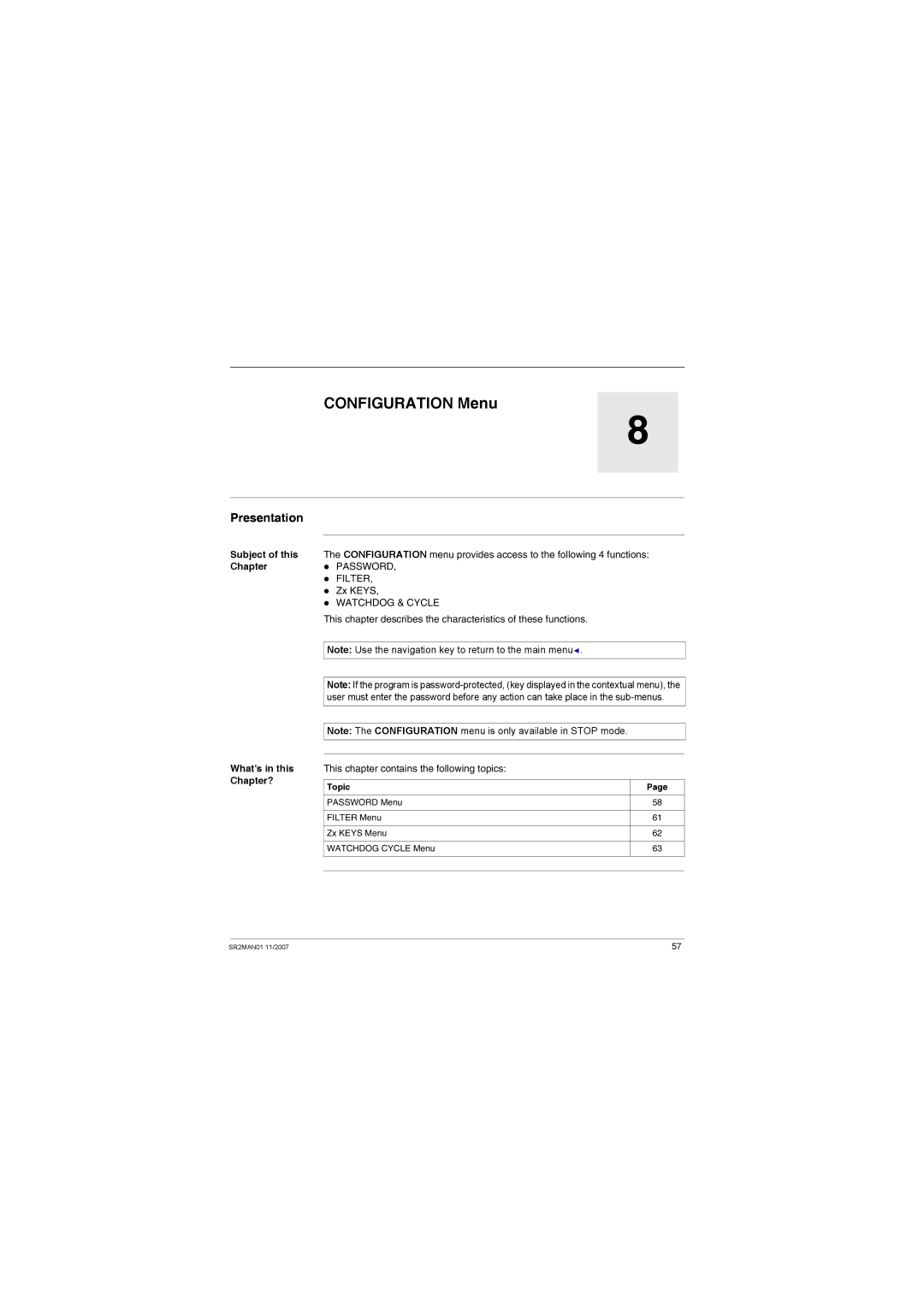 Schneider Electric SR2MAN01 user manual Configuration Menu, Presentation 