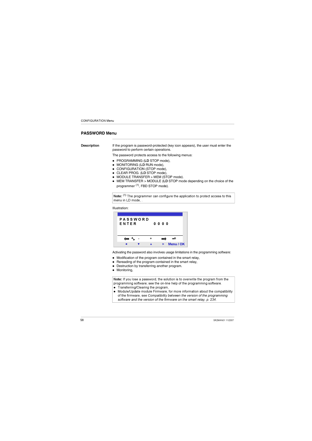 Schneider Electric SR2MAN01 user manual Password Menu, Password to perform certain operations 