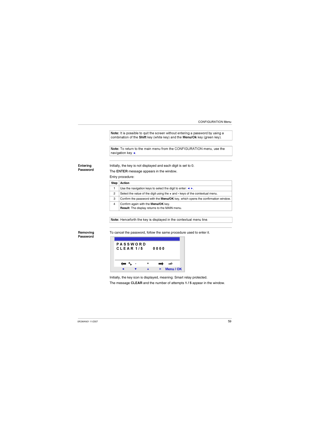 Schneider Electric SR2MAN01 user manual E a R 1, Entering Password, Removing 