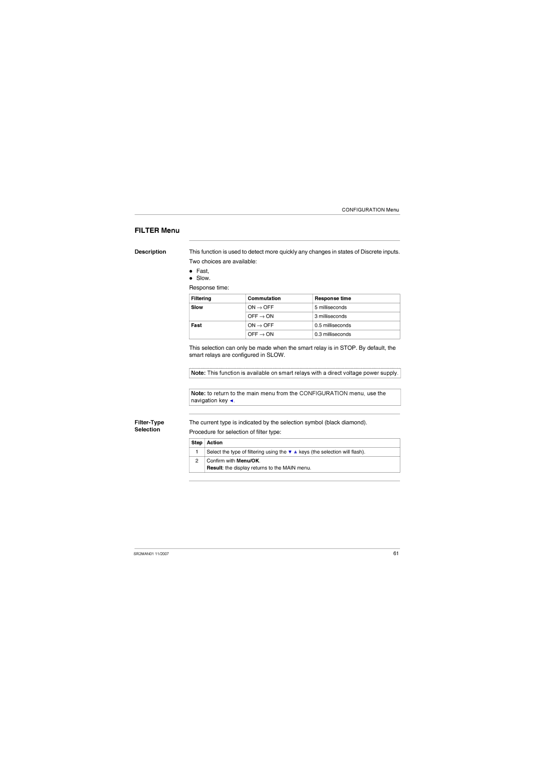 Schneider Electric SR2MAN01 Filter Menu, Description Filter-Type Selection, Filtering Commutation Response time Slow, Fast 