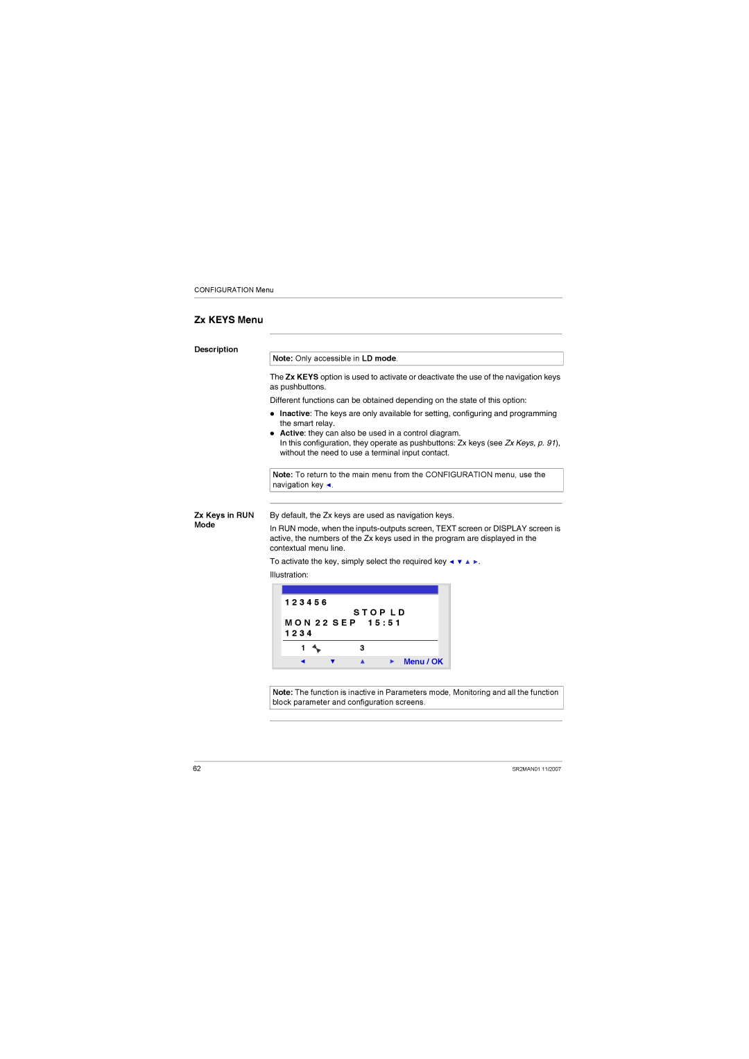 Schneider Electric SR2MAN01 user manual Zx Keys Menu, Description Zx Keys in RUN Mode 