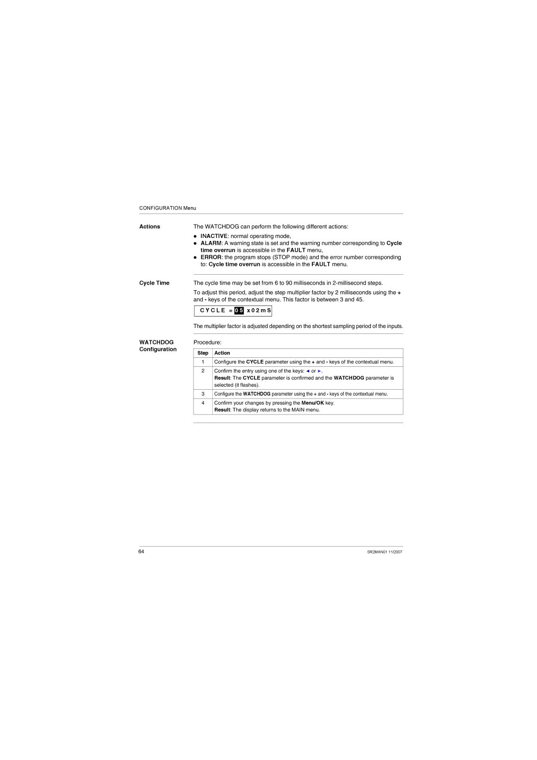 Schneider Electric SR2MAN01 user manual Actions Cycle Time Watchdog Configuration, Step Action 