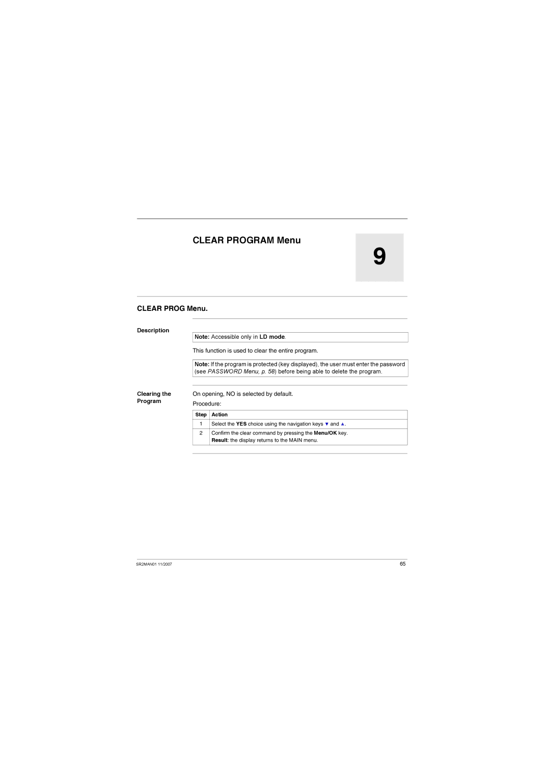 Schneider Electric SR2MAN01 user manual Clear Program Menu, Clear Prog Menu, Description Clearing the Program 