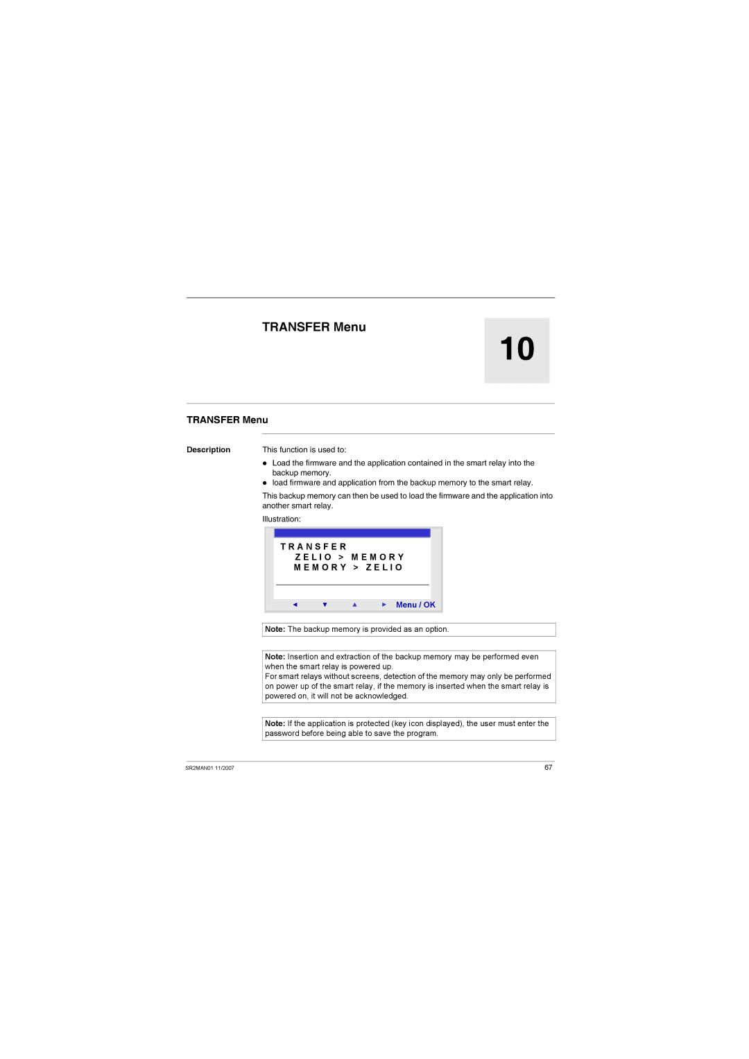 Schneider Electric SR2MAN01 user manual Transfer Menu, L I O M E M O R Y, M O R Y Z E L I O 