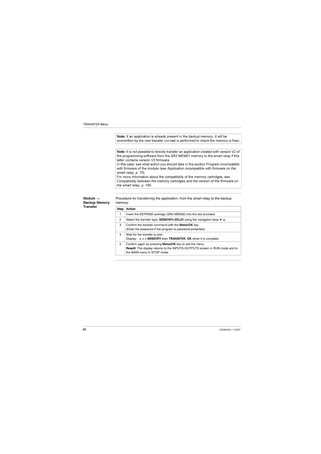 Schneider Electric SR2MAN01 user manual Module → Backup Memory Transfer 