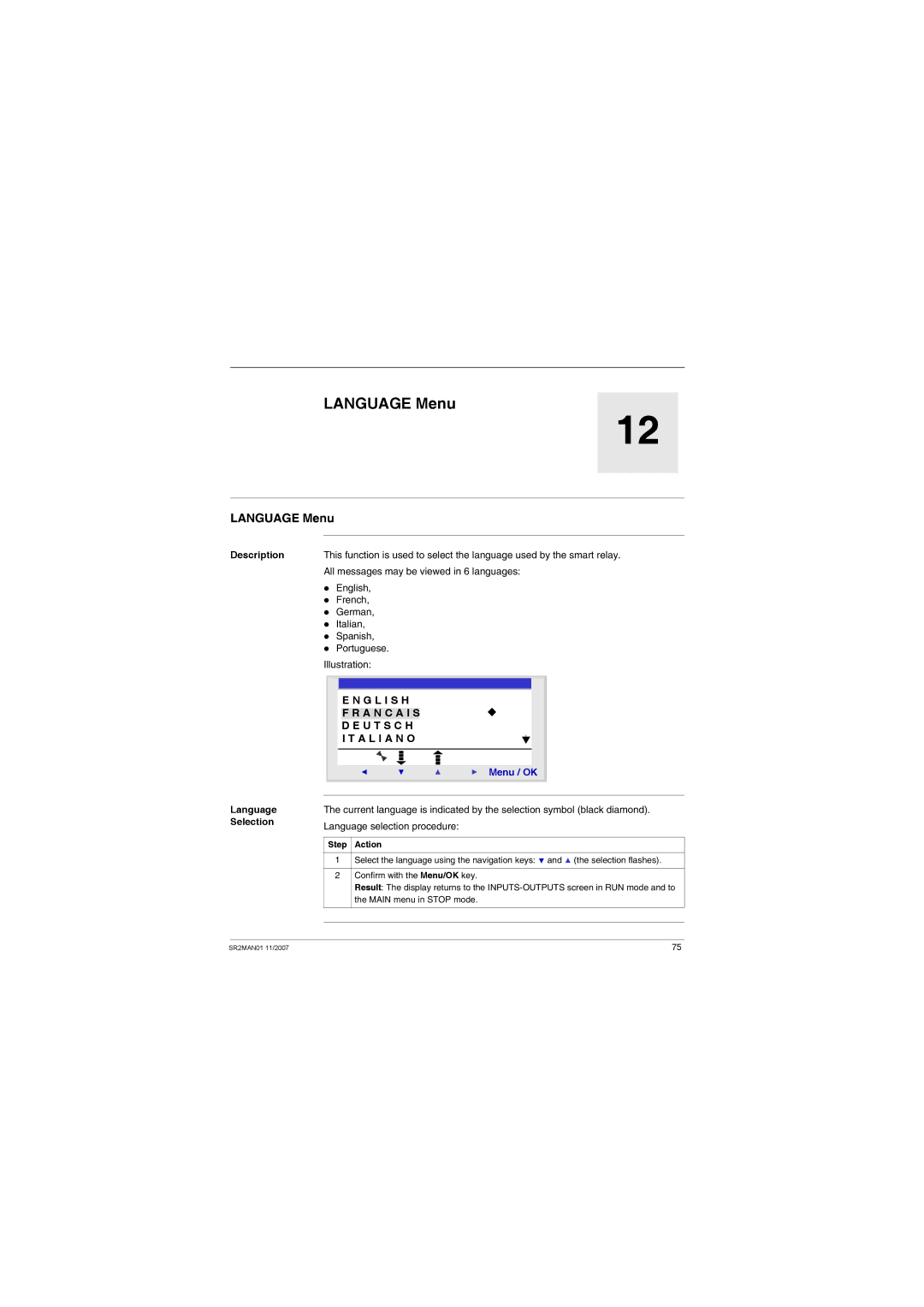 Schneider Electric SR2MAN01 user manual Language Menu, A L I a N O 