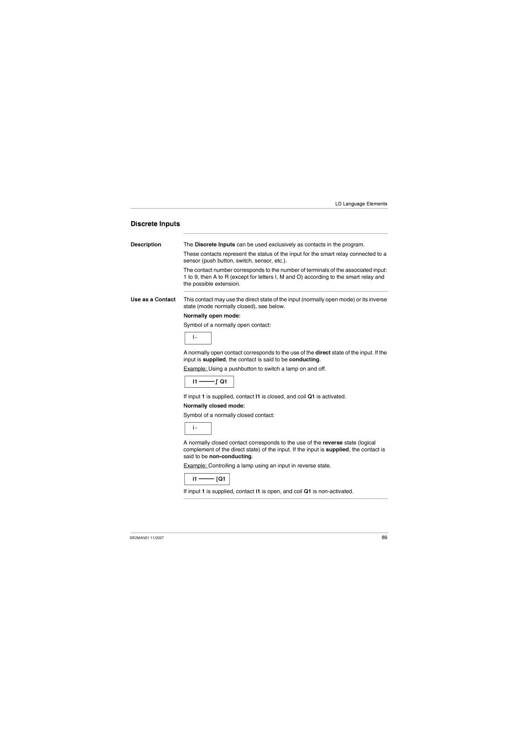 Schneider Electric SR2MAN01 user manual Discrete Inputs, Use as a Contact, Normally open mode, Normally closed mode, I1 Q1 