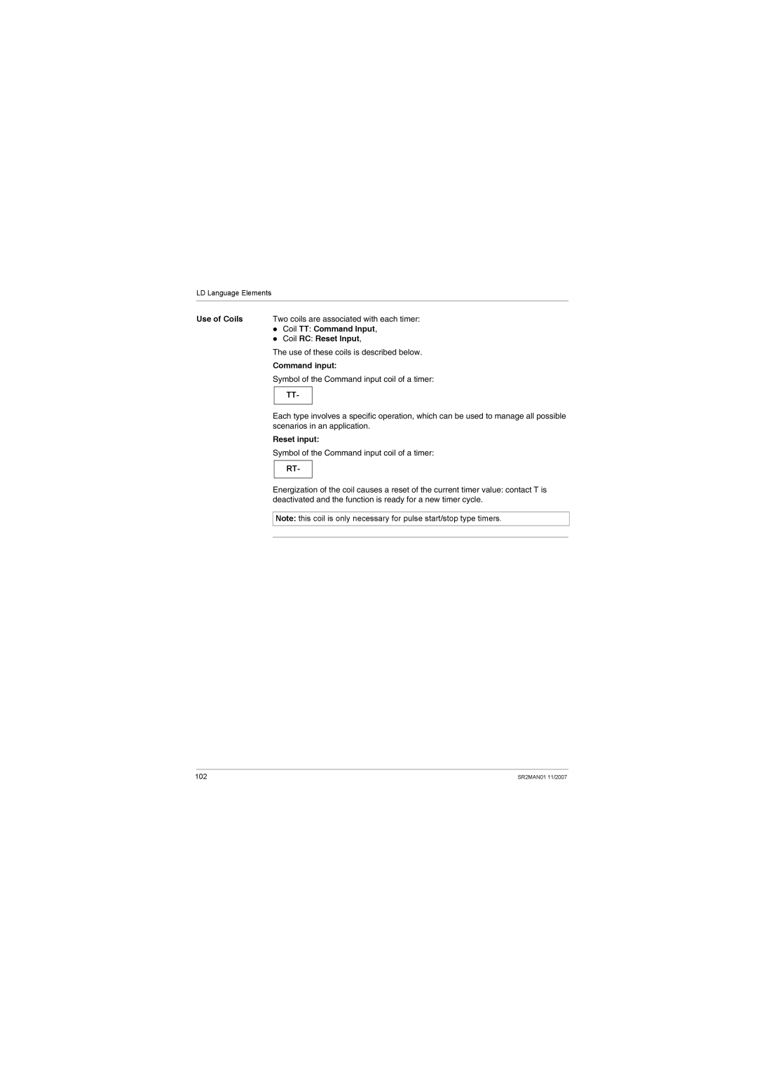 Schneider Electric SR2MAN01 Use of Coils, Coil TT Command Input, Coil RC Reset Input, Command input, Reset input 