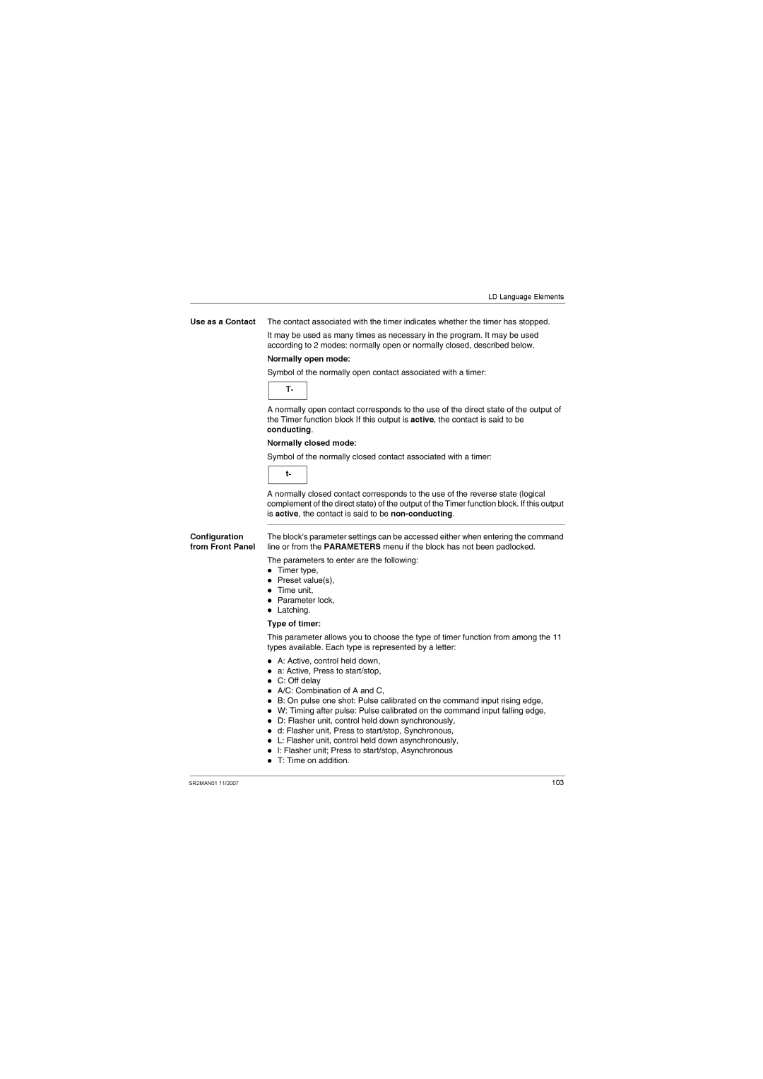 Schneider Electric SR2MAN01 user manual Normally open mode, Type of timer 