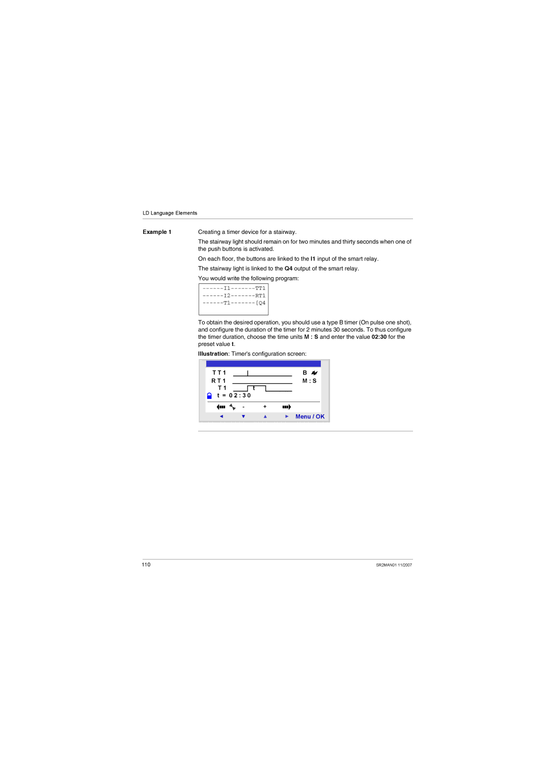 Schneider Electric SR2MAN01 user manual Example, Preset value t Illustration Timers configuration screen 