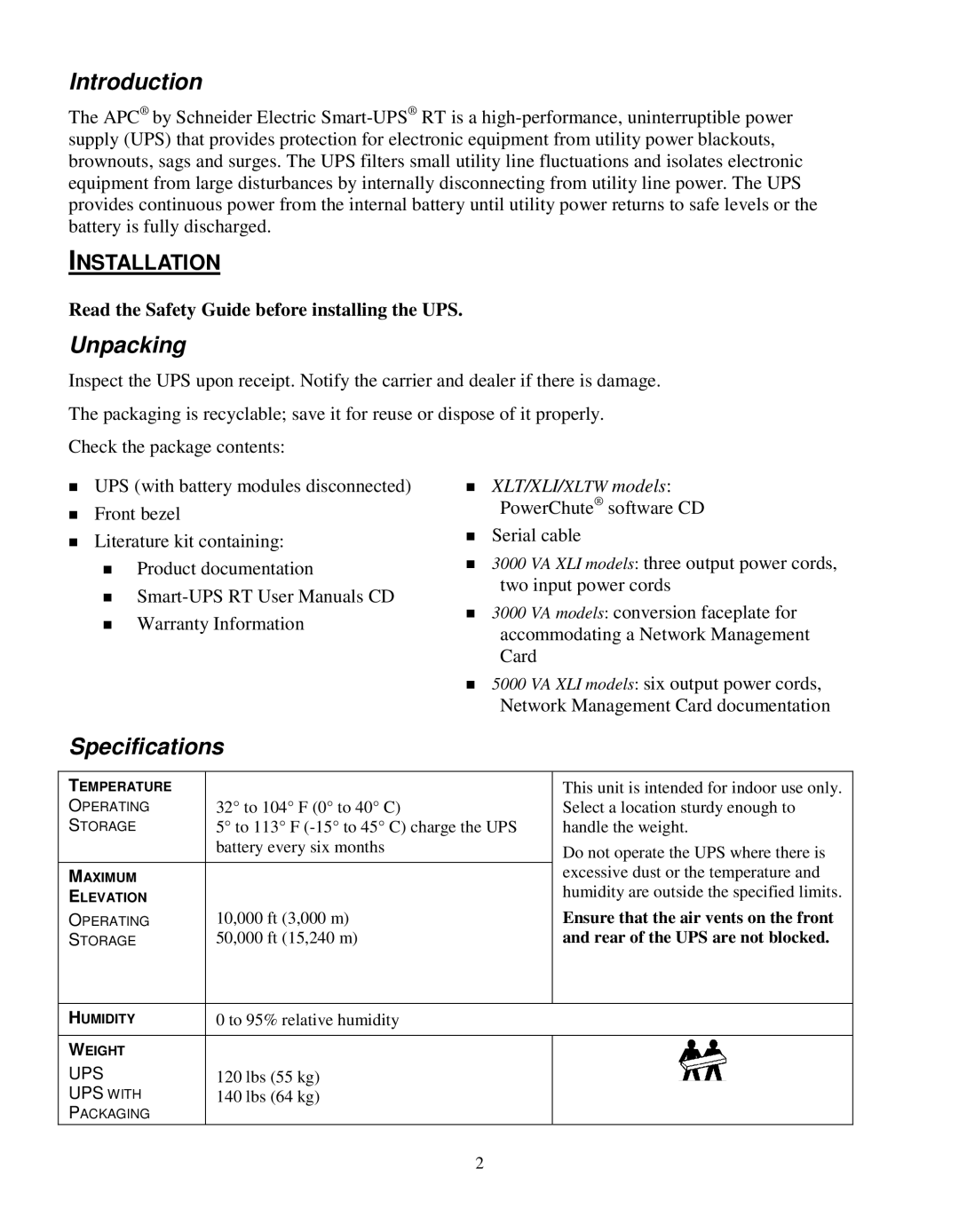 Schneider Electric SURTD 3000 manual Introduction, Unpacking, Specifications, Installation 