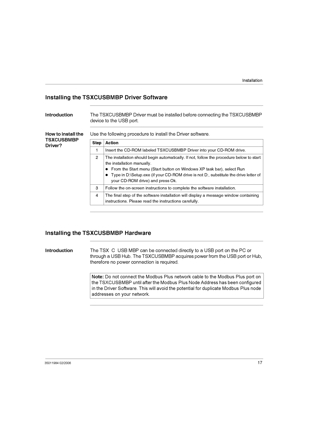 Schneider Electric TSXCUSBMBP user manual Installing the Tsxcusbmbp Driver Software, Installing the Tsxcusbmbp Hardware 