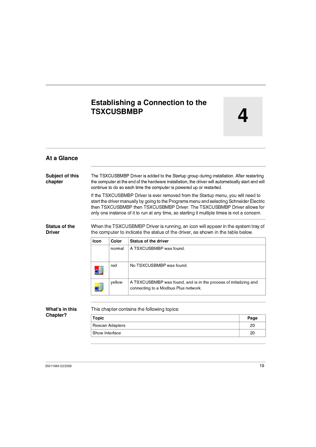 Schneider Electric TSXCUSBMBP user manual Establishing a Connection to, Driver, Icon Color Status of the driver 