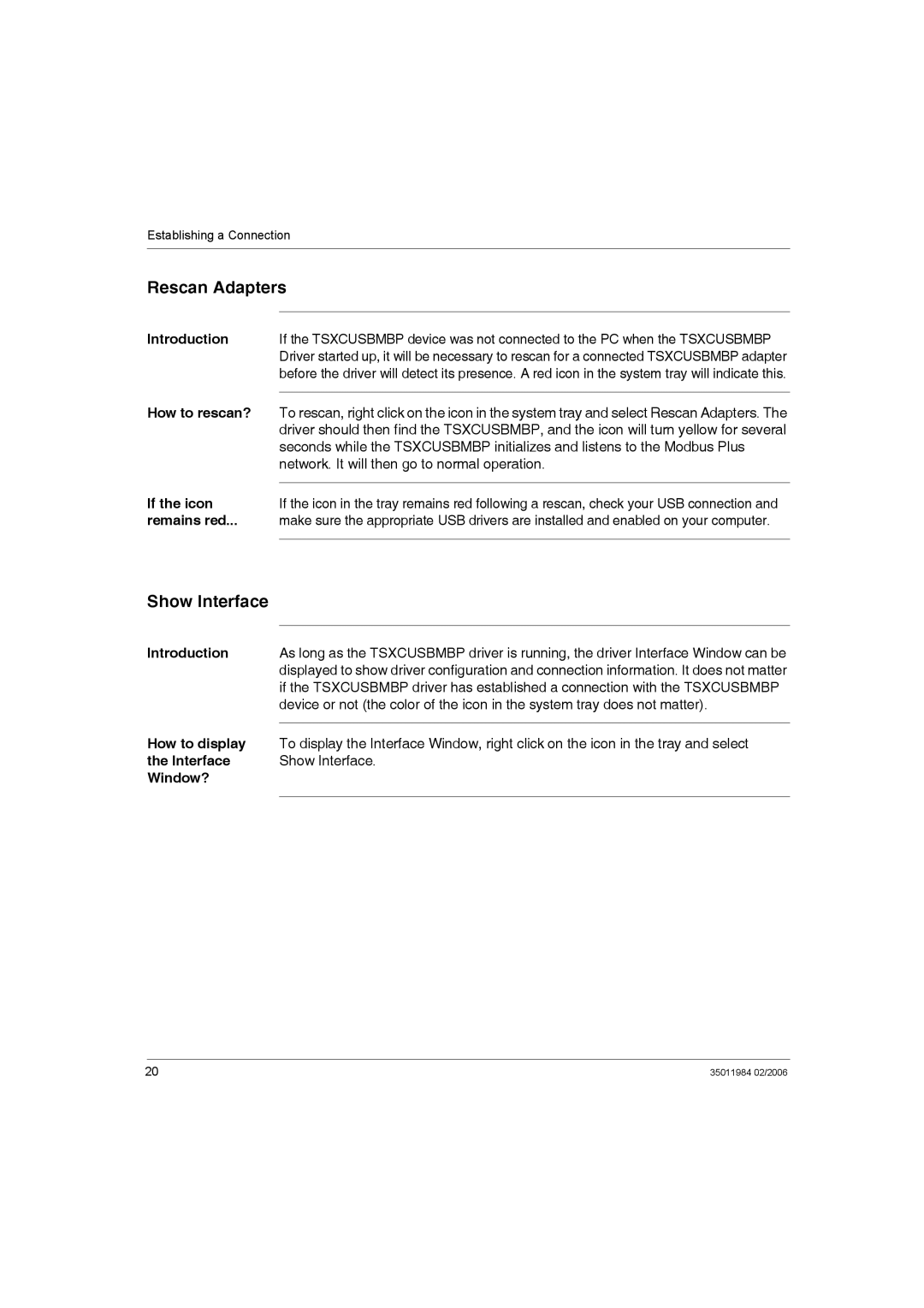 Schneider Electric TSXCUSBMBP user manual Rescan Adapters, Show Interface, How to rescan?, If the icon, Remains red 