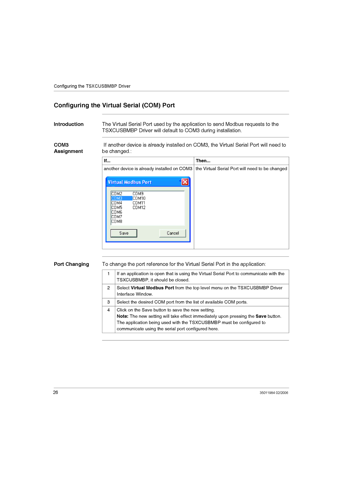 Schneider Electric TSXCUSBMBP user manual Configuring the Virtual Serial COM Port, Assignment, Then 