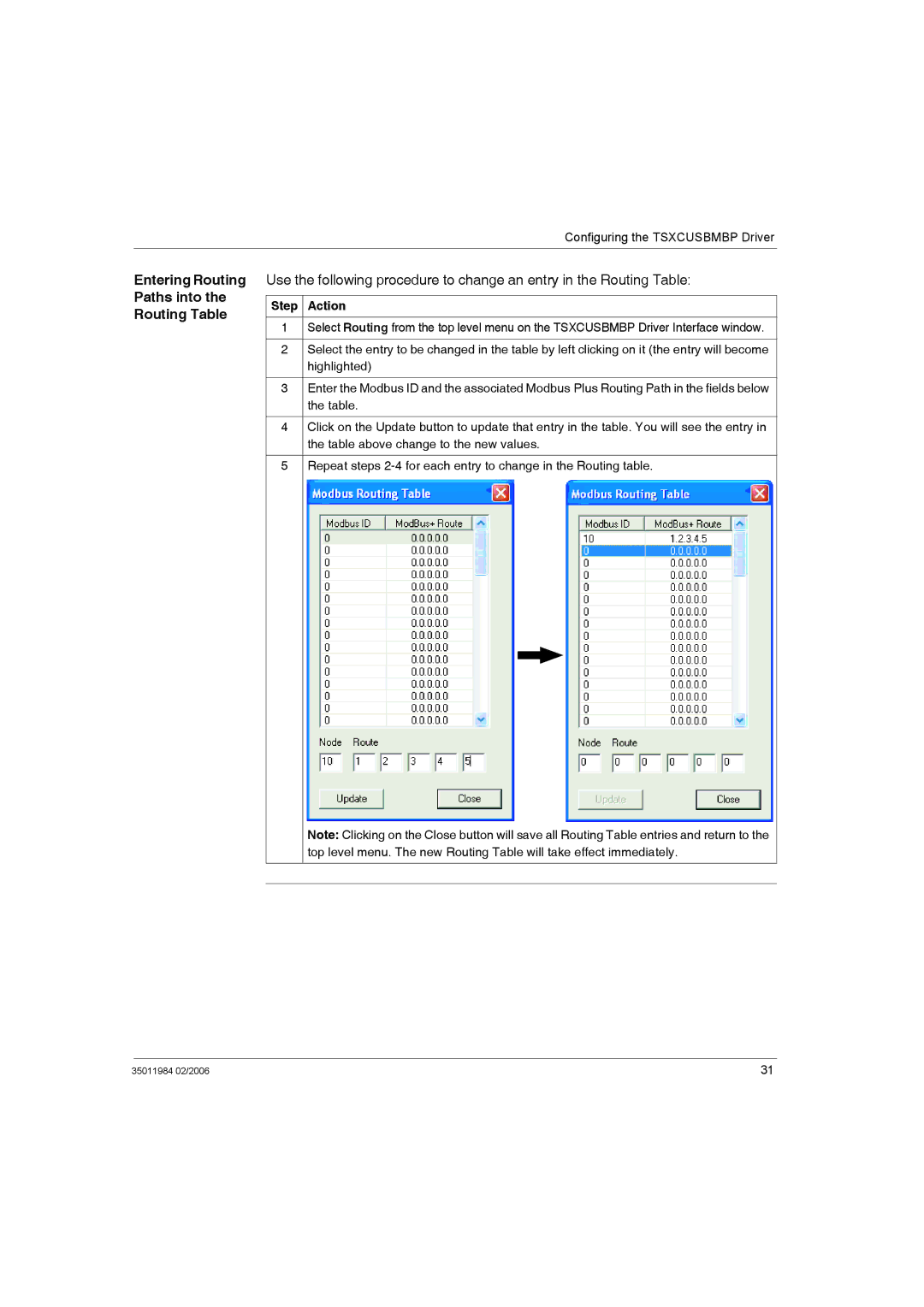 Schneider Electric TSXCUSBMBP user manual Entering Routing Paths into the Routing Table, Step Action 