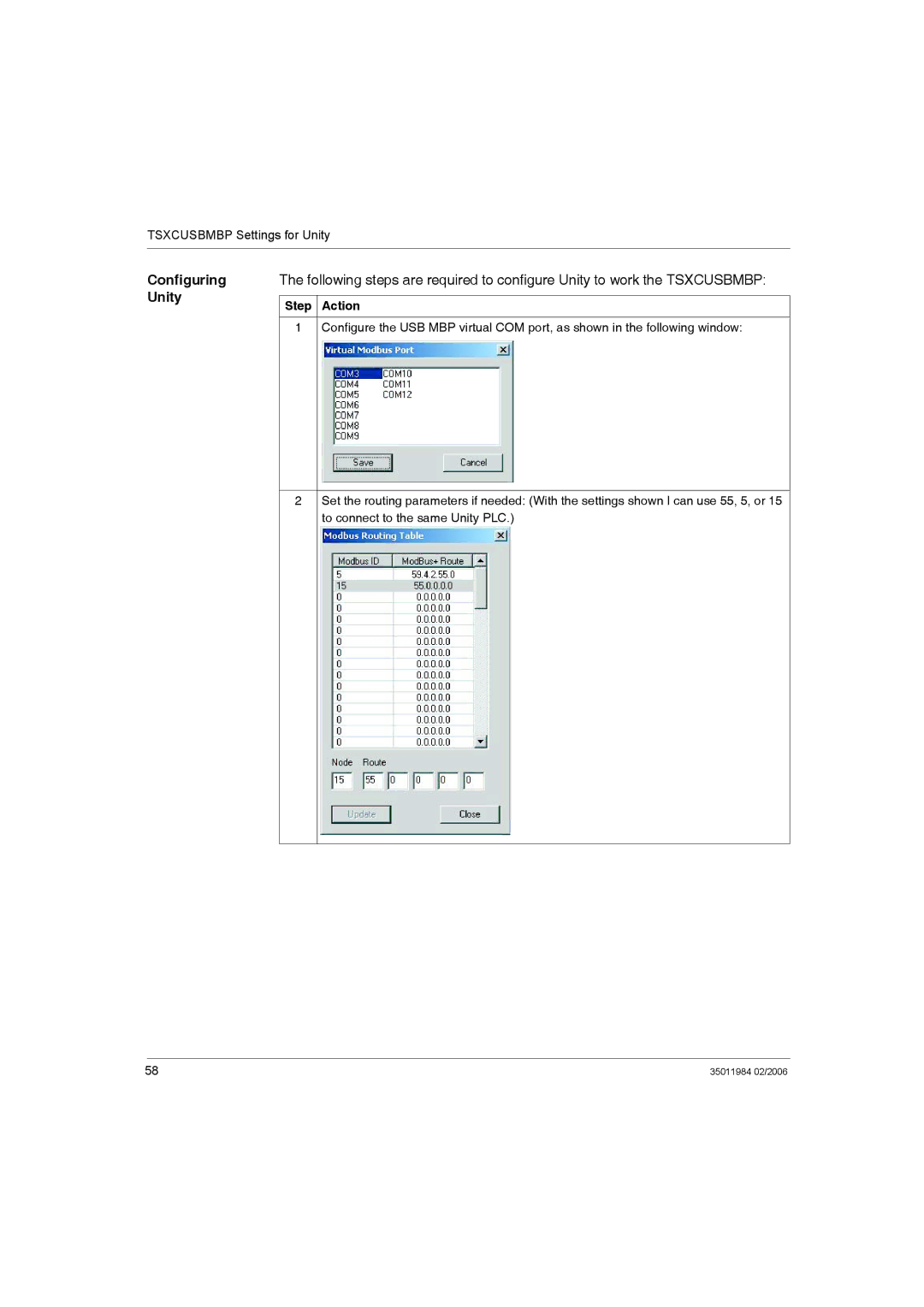 Schneider Electric TSXCUSBMBP user manual Configuring Unity 