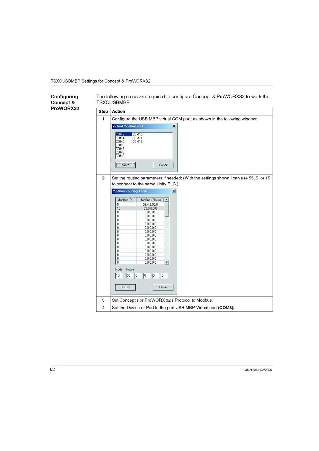 Schneider Electric TSXCUSBMBP user manual Configuring Concept ProWORX32, Tsxcusbmbp 