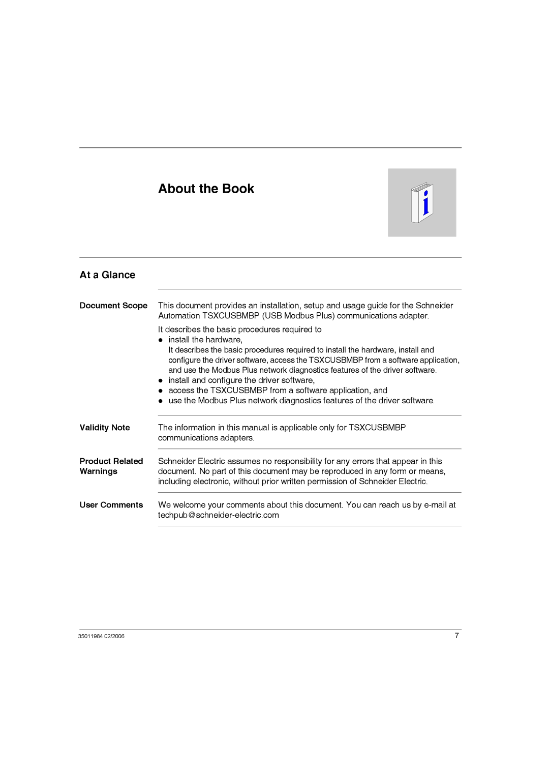 Schneider Electric TSXCUSBMBP user manual About the Book, At a Glance 