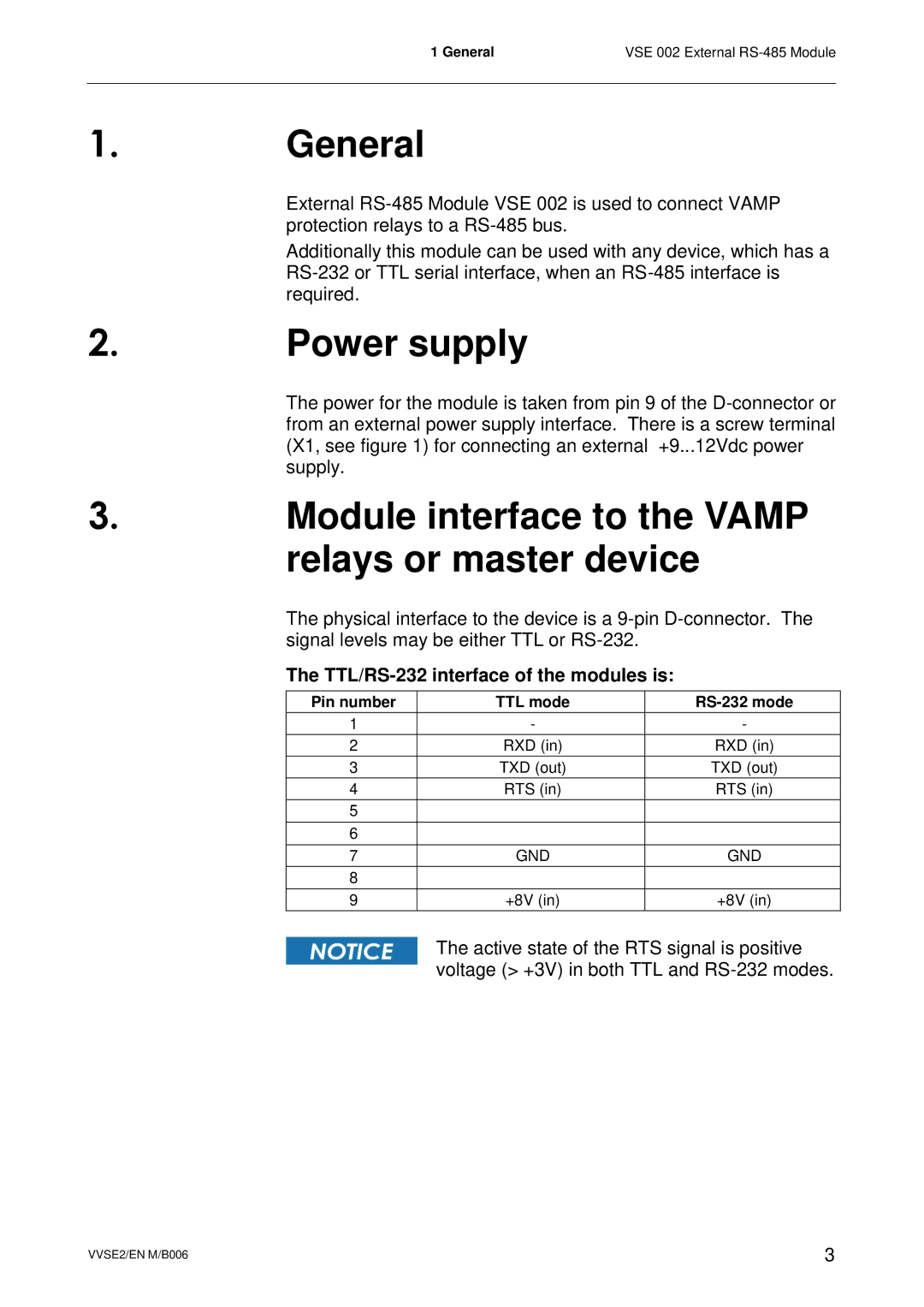 Schneider Electric VSE 002 user manual General, Power supply, Module interface to the Vamp relays or master device 