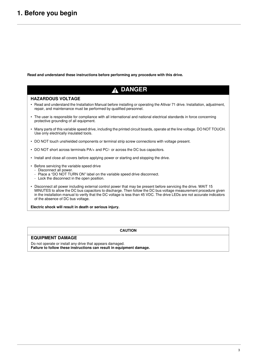 Schneider Electric VW3 A3 303 user manual Before you begin, Electric shock will result in death or serious injury 