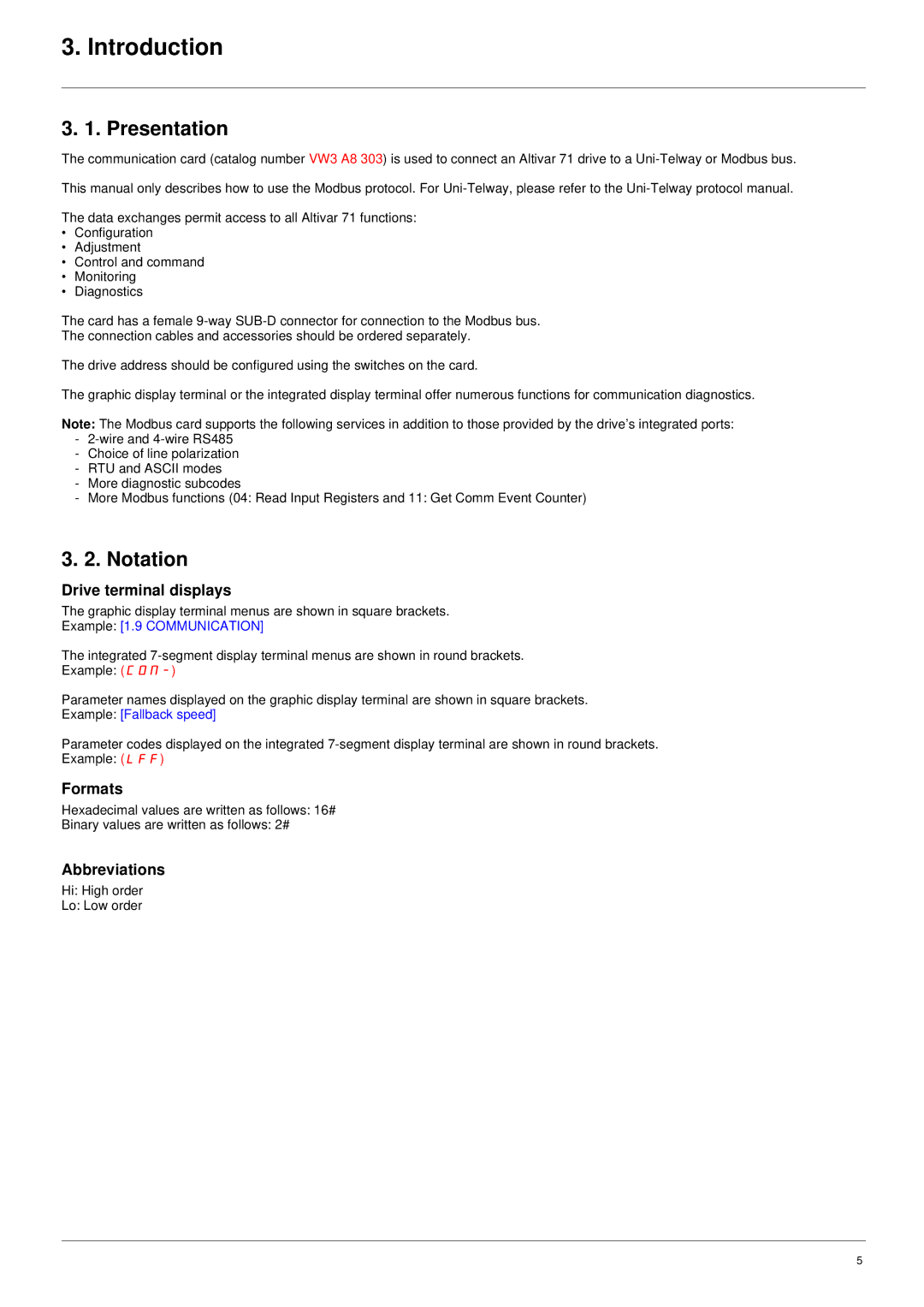 Schneider Electric VW3 A3 303 user manual Introduction, Presentation, Notation 