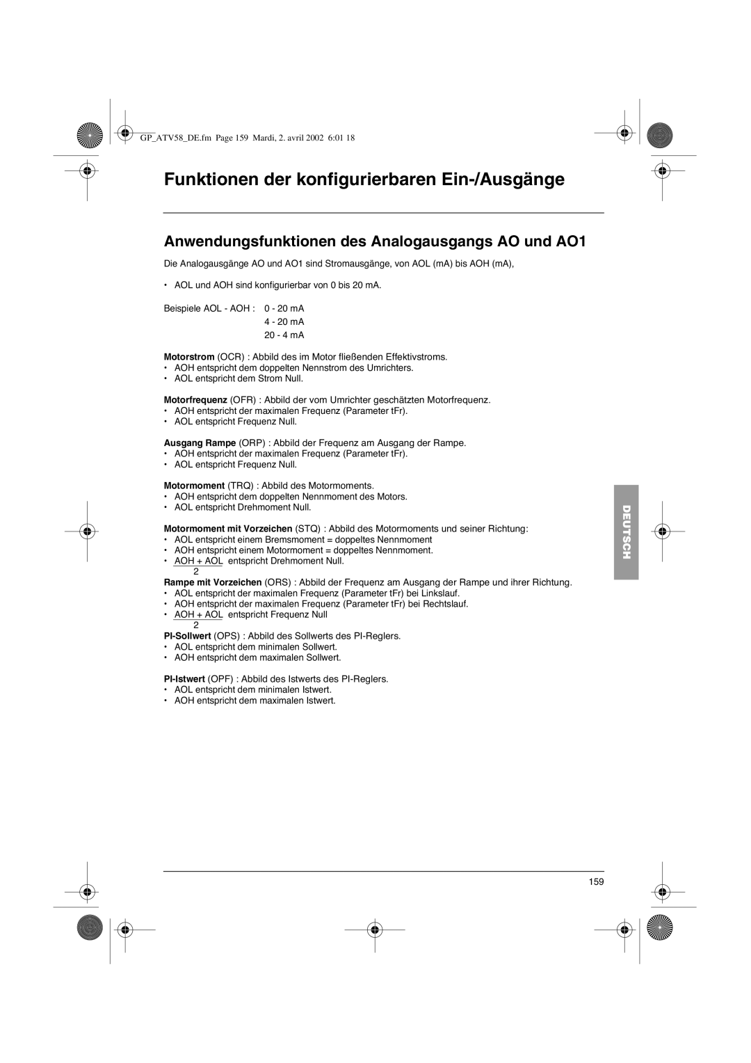 Schneider Electric vw3-a58101, altivar 58 telemecanique manual Anwendungsfunktionen des Analogausgangs AO und AO1 