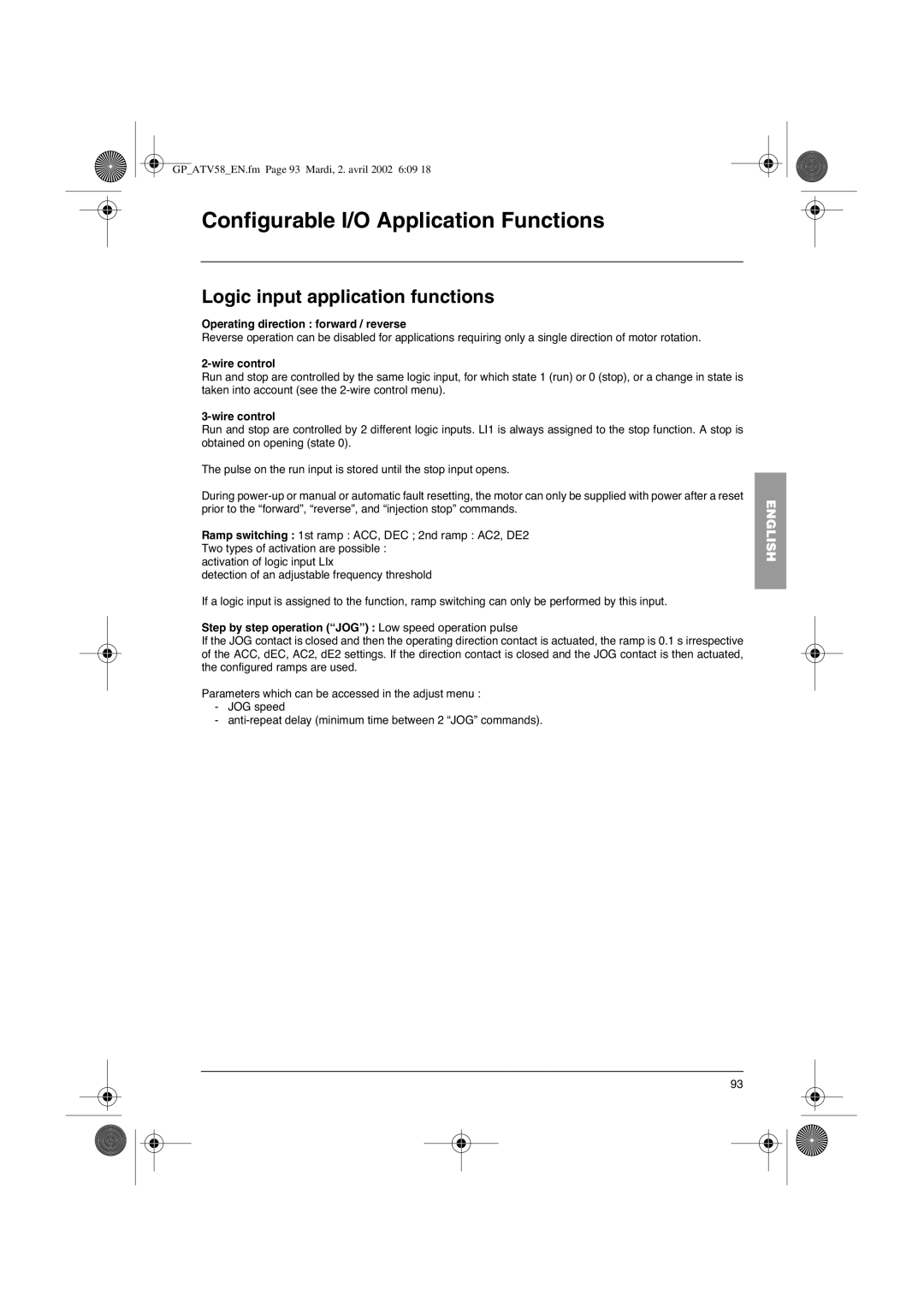 Schneider Electric altivar 58 telemecanique manual Logic input application functions, Operating direction forward / reverse 