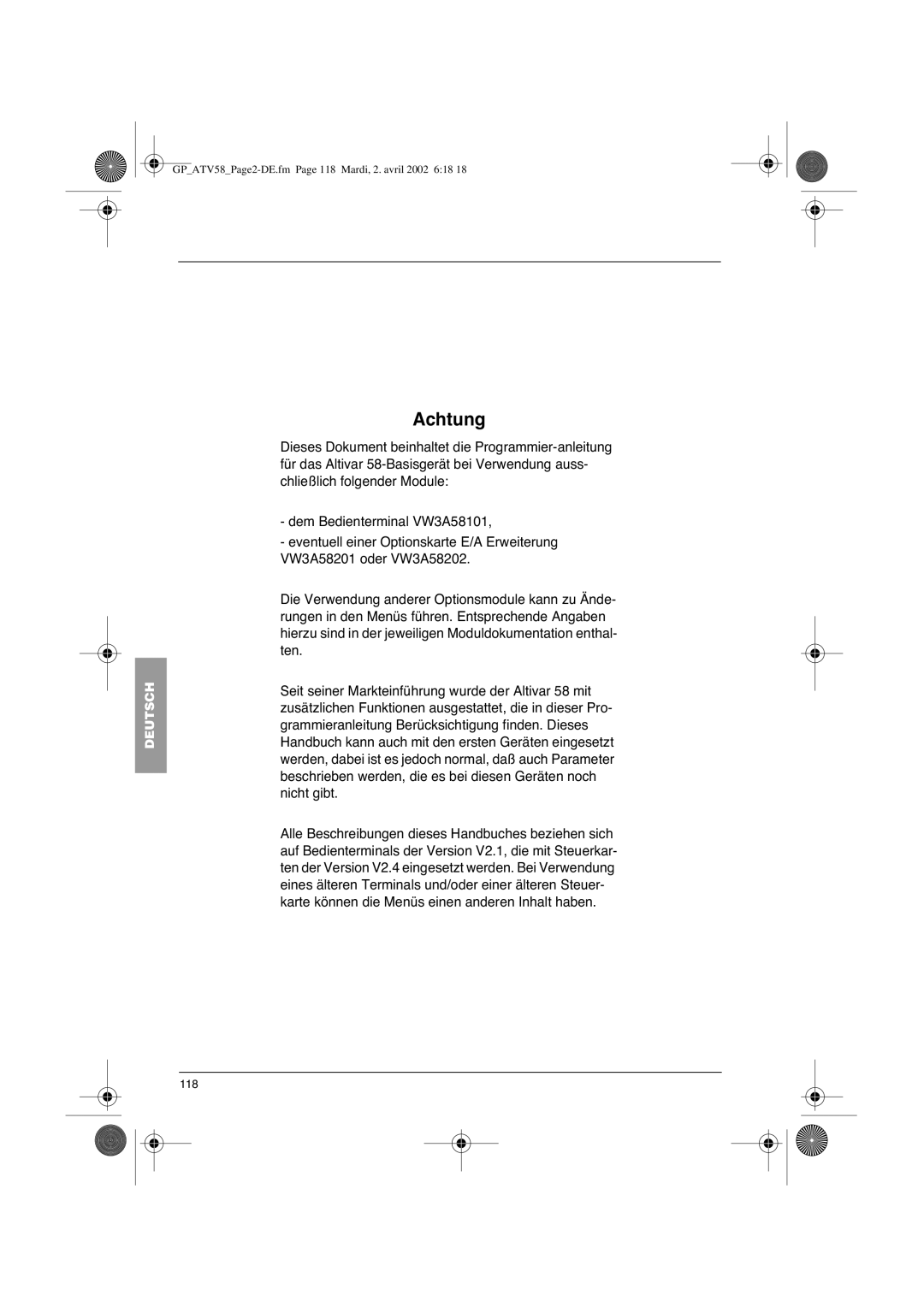 Schneider Electric vw3-a58101, altivar 58 telemecanique manual Achtung, 118 