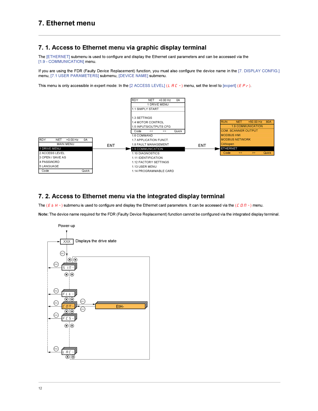 Schneider Electric VW3A3310d user manual Access to Ethernet menu via graphic display terminal, Ent 