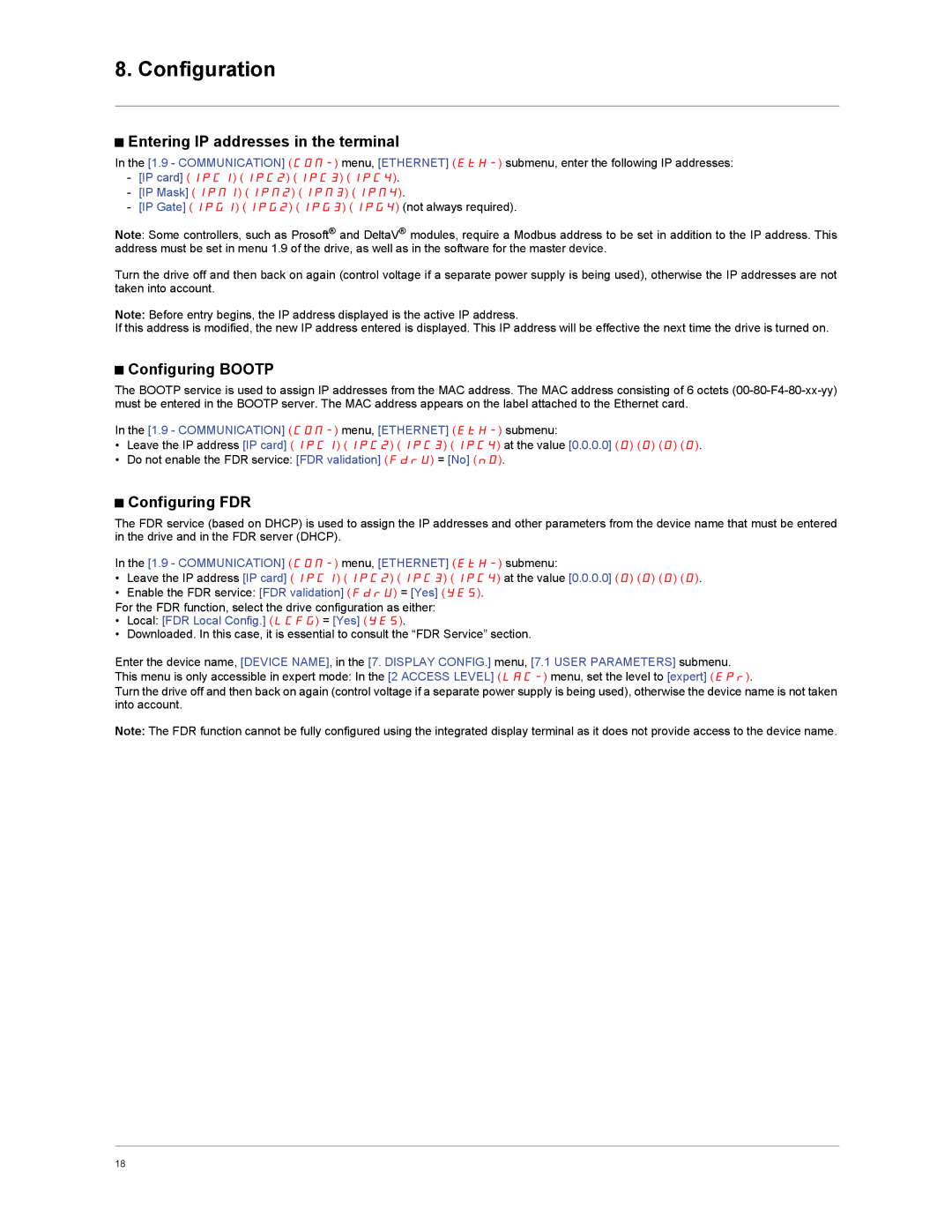 Schneider Electric VW3A3310d user manual Entering IP addresses in the terminal, Configuring Bootp, Configuring FDR 