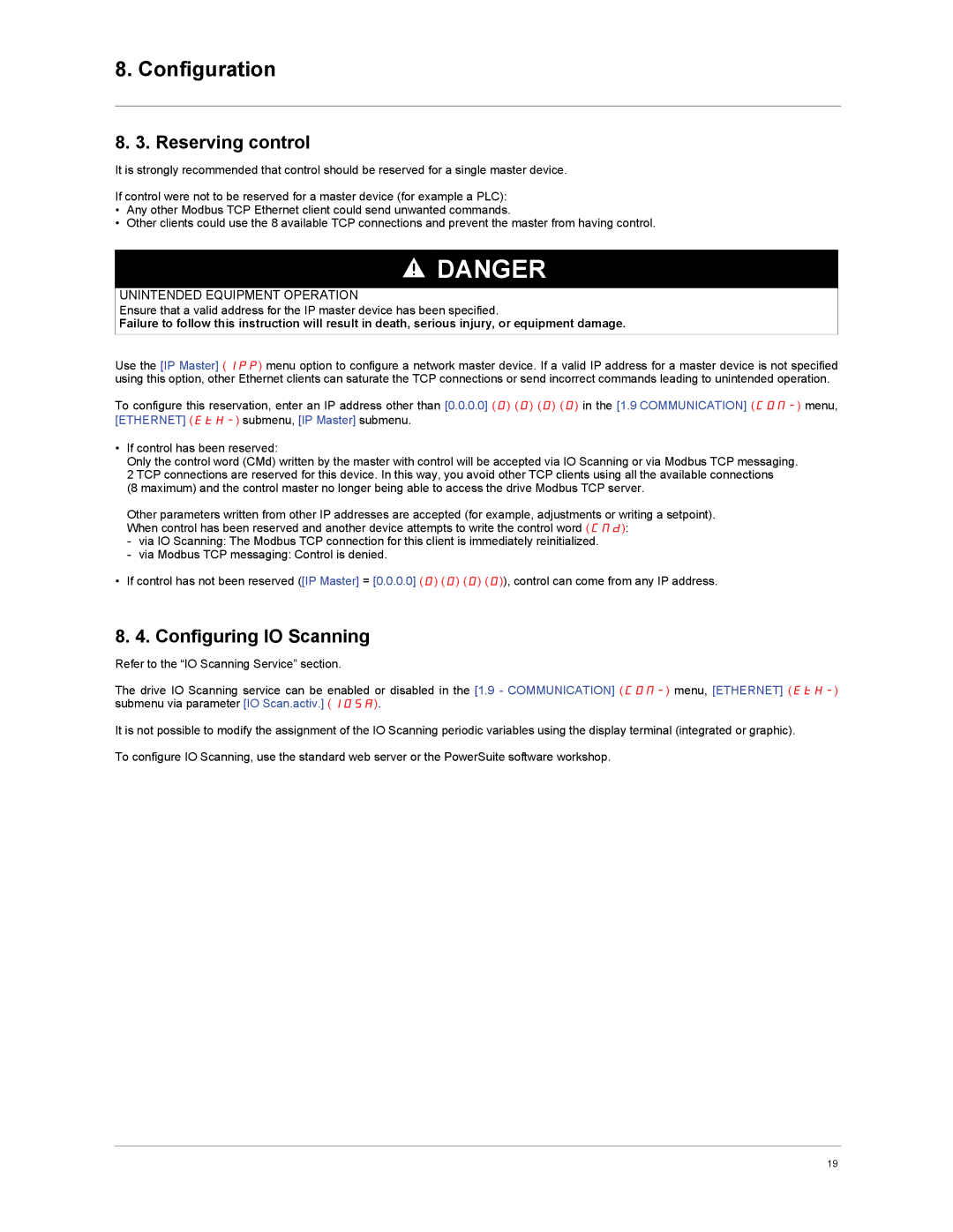 Schneider Electric VW3A3310d user manual Reserving control, Configuring IO Scanning 