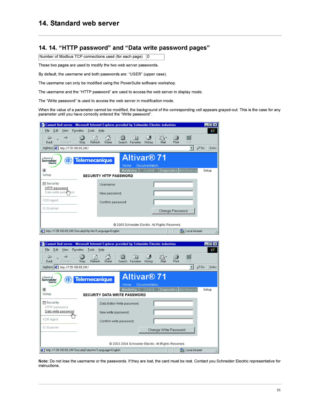 Schneider Electric VW3A3310d user manual Http password and Data write password pages 