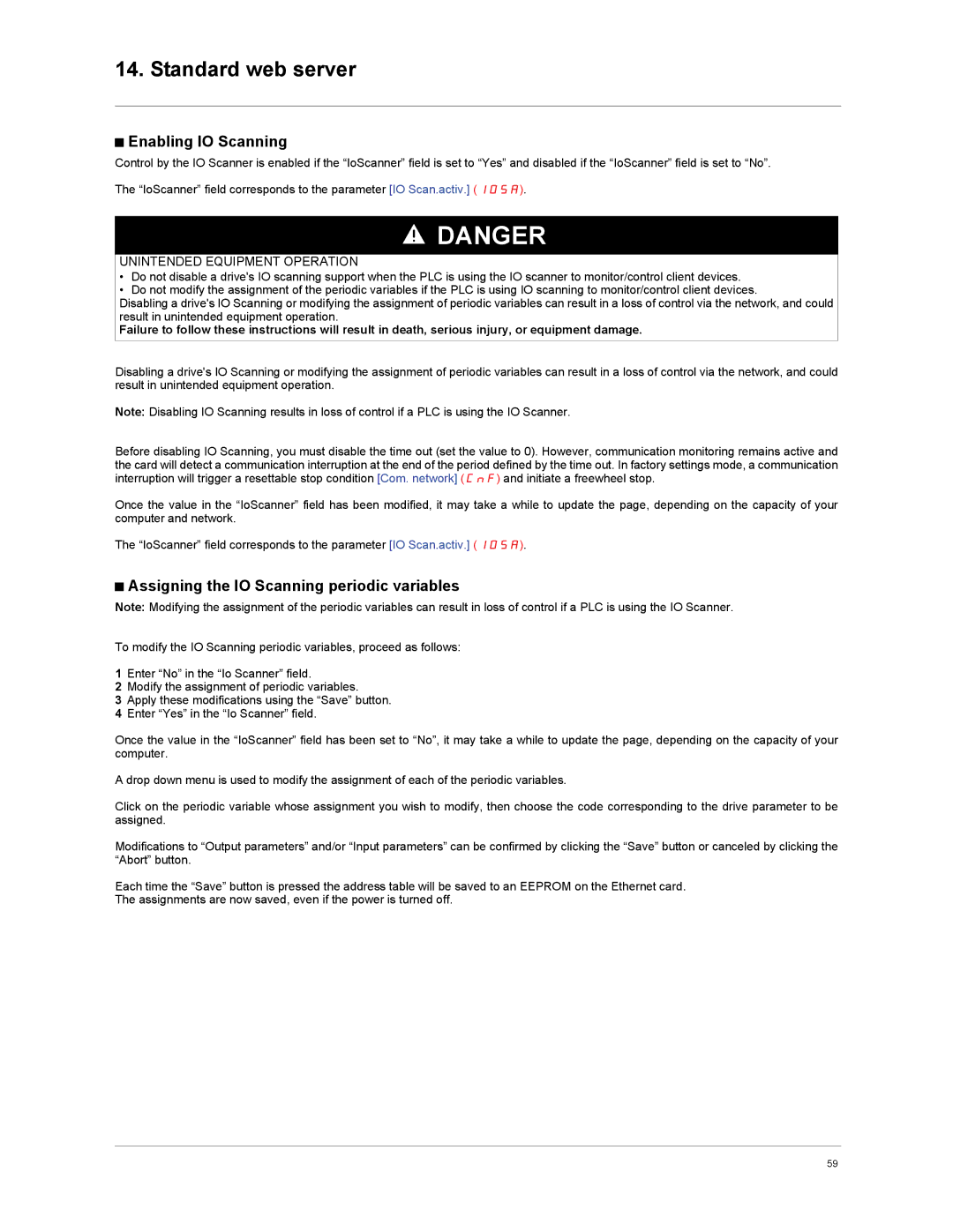 Schneider Electric VW3A3310d user manual Enabling IO Scanning, Assigning the IO Scanning periodic variables 