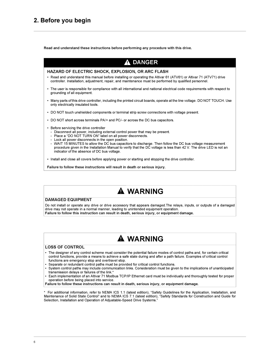 Schneider Electric VW3A3310d user manual Before you begin, Hazard of Electric SHOCK, EXPLOSION, or ARC Flash 