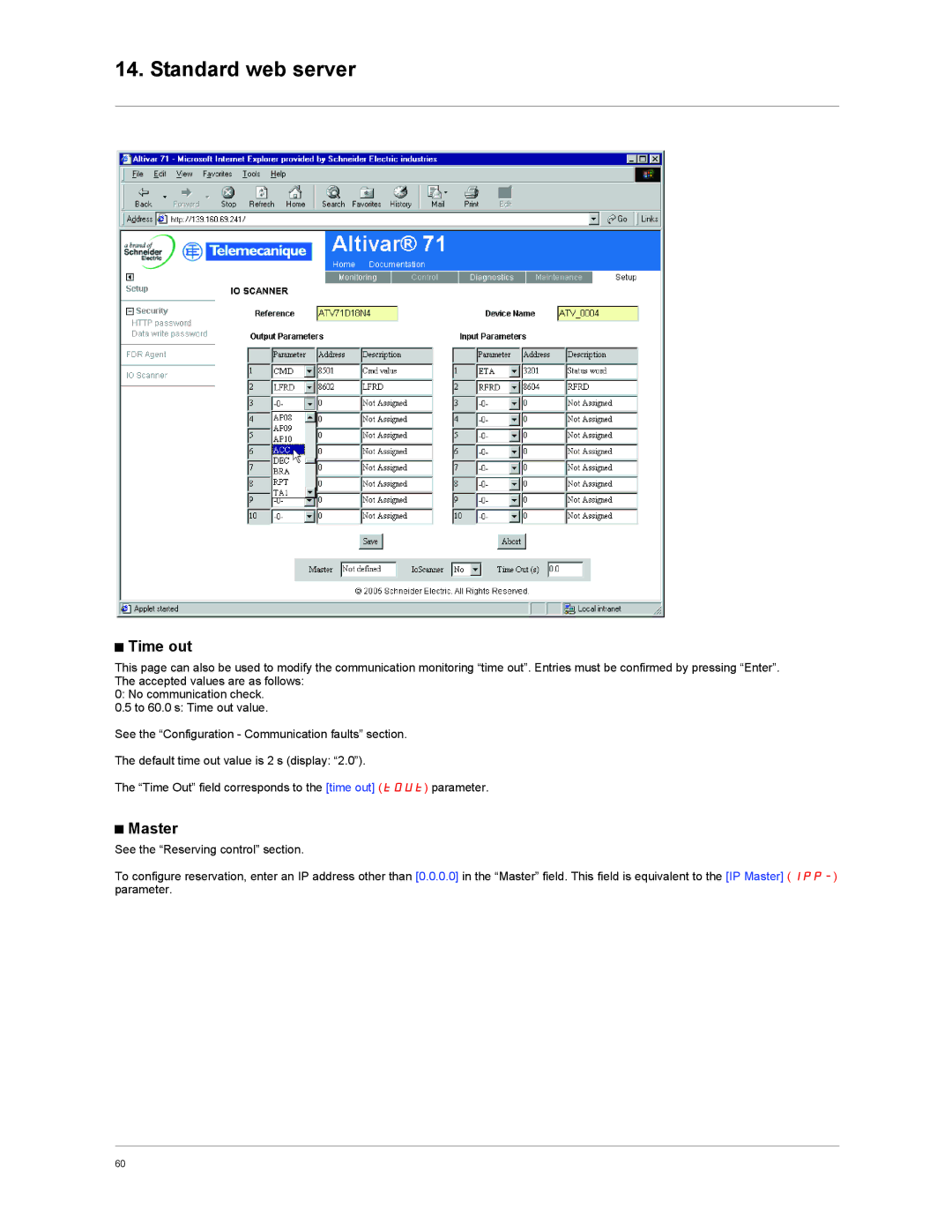 Schneider Electric VW3A3310d user manual Time out, Master 