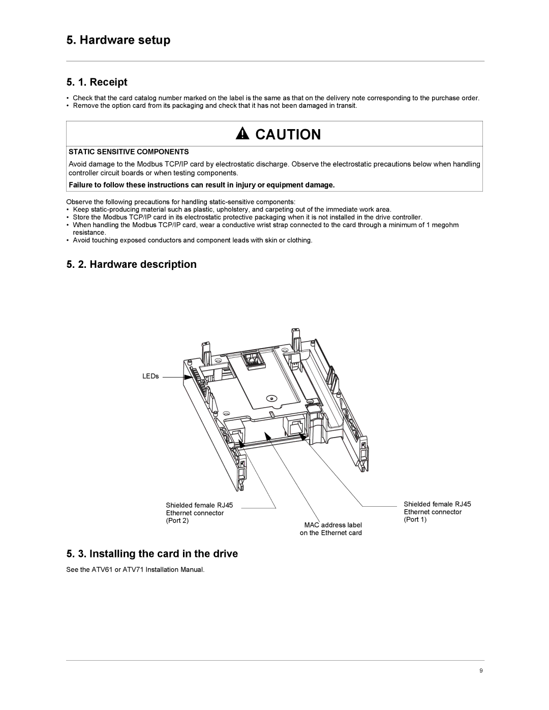 Schneider Electric VW3A3310d user manual Hardware setup, Receipt, Hardware description, Installing the card in the drive 