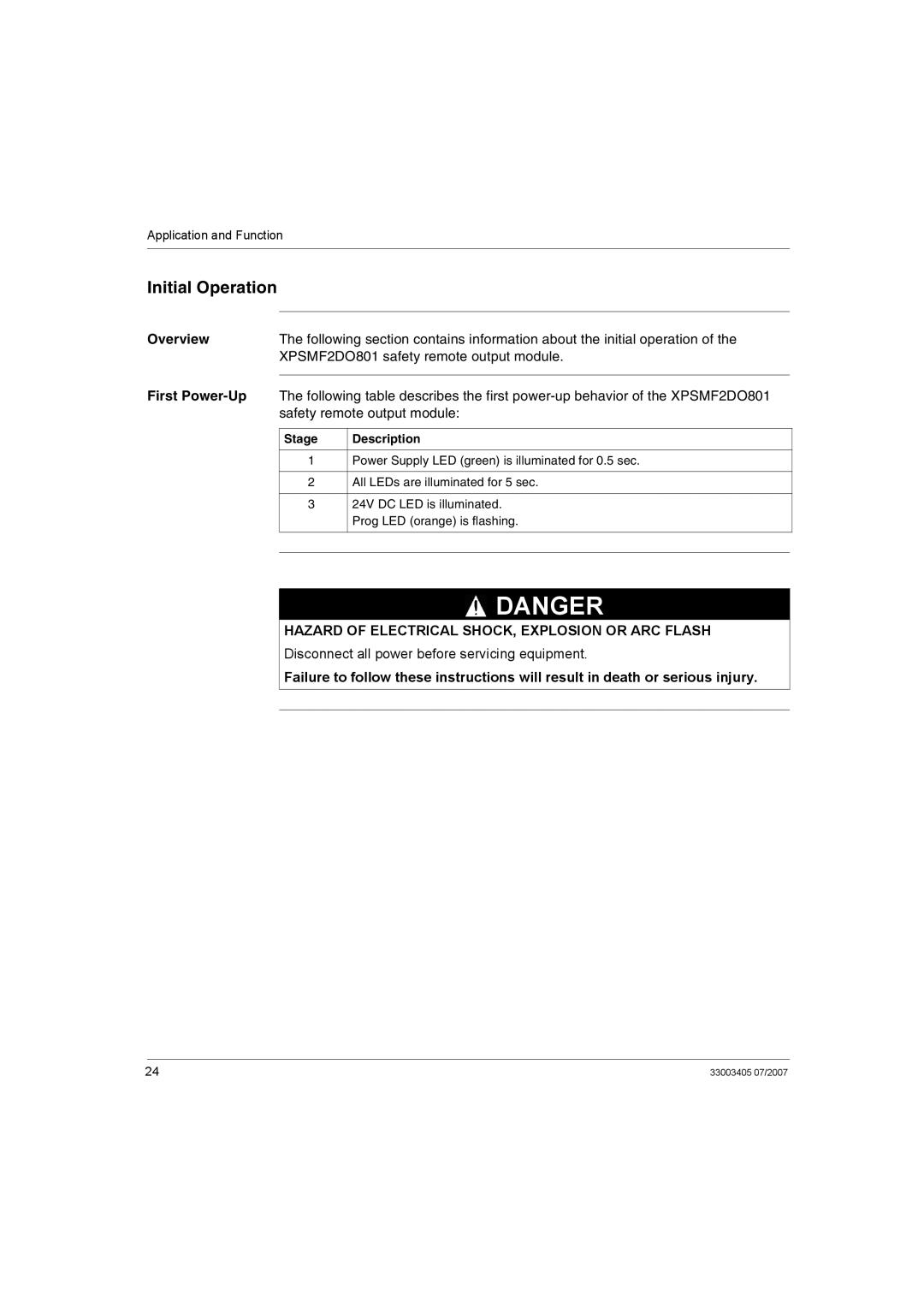 Schneider Electric manual Initial Operation, Overview, XPSMF2DO801 safety remote output module, Stage 