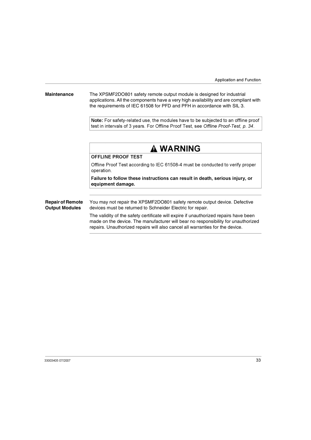 Schneider Electric XPSMF2DO801 manual Offline Proof Test 