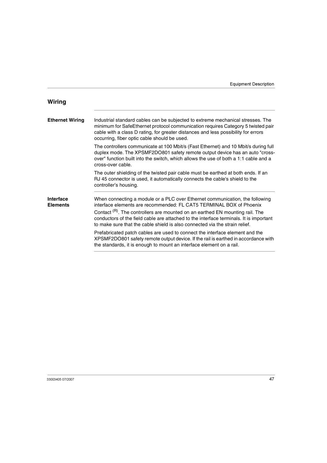 Schneider Electric XPSMF2DO801 manual Ethernet Wiring, Interface, Elements 