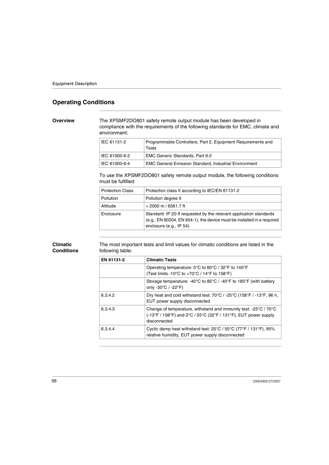 Schneider Electric XPSMF2DO801 manual Operating Conditions, Climatic 