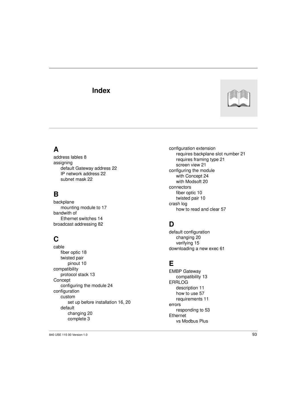 Schneider Optics Modicon Quantum Ethernet manual Index 