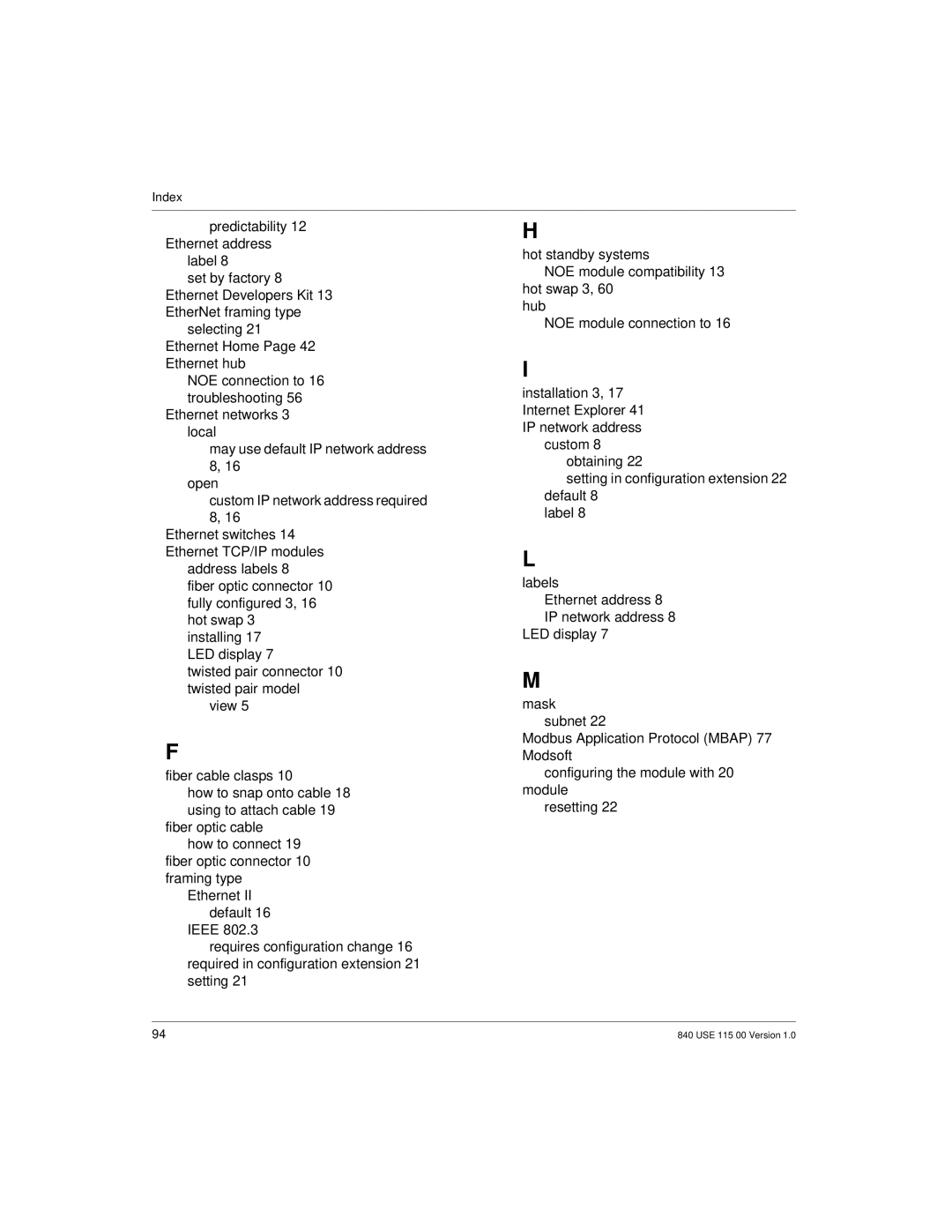 Schneider Optics Modicon Quantum Ethernet manual Index 