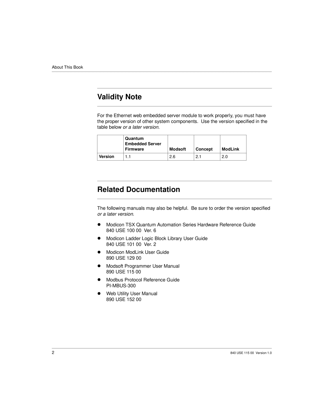 Schneider Optics Modicon Quantum Ethernet manual Validity Note, Related Documentation 