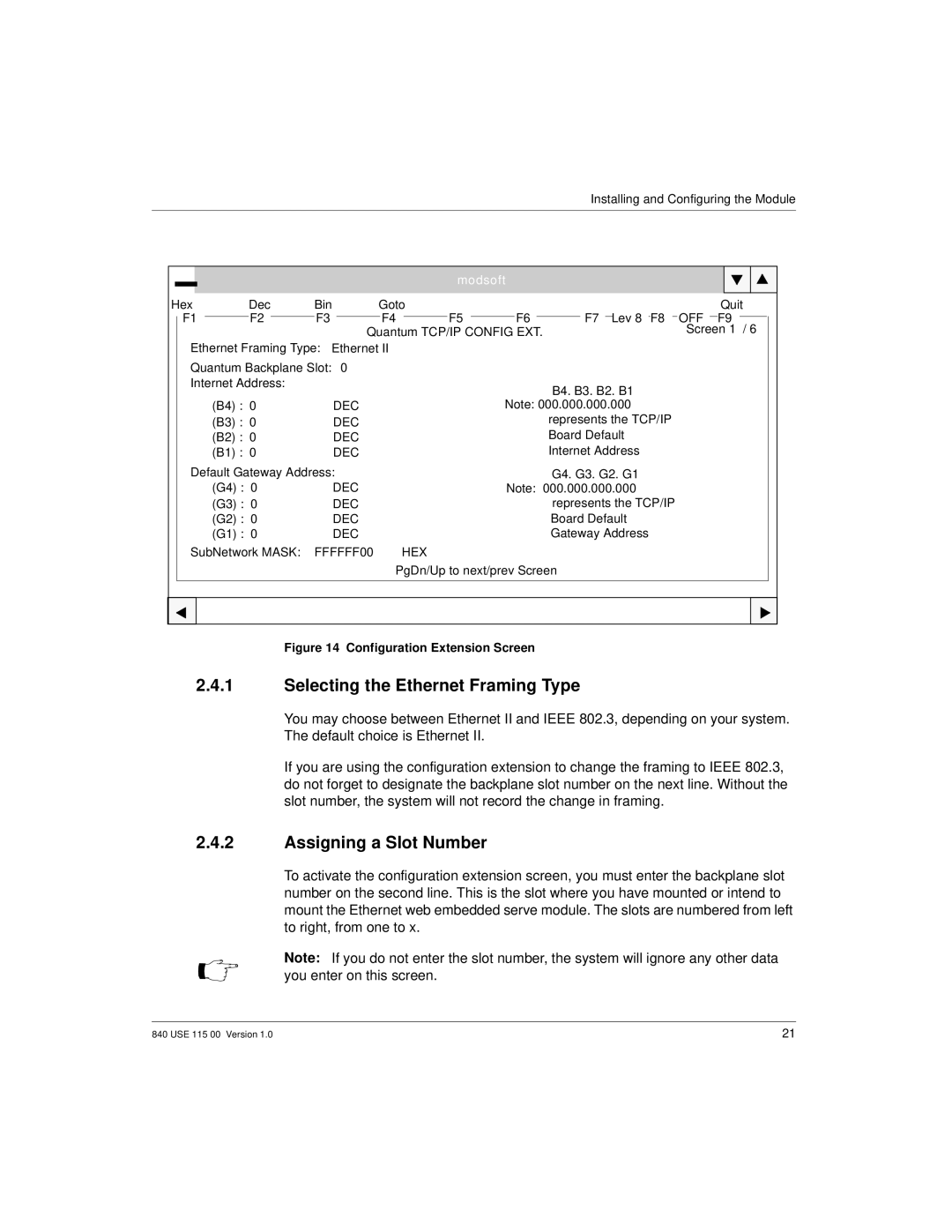 Schneider Optics Modicon Quantum Ethernet manual Selecting the Ethernet Framing Type, Assigning a Slot Number 