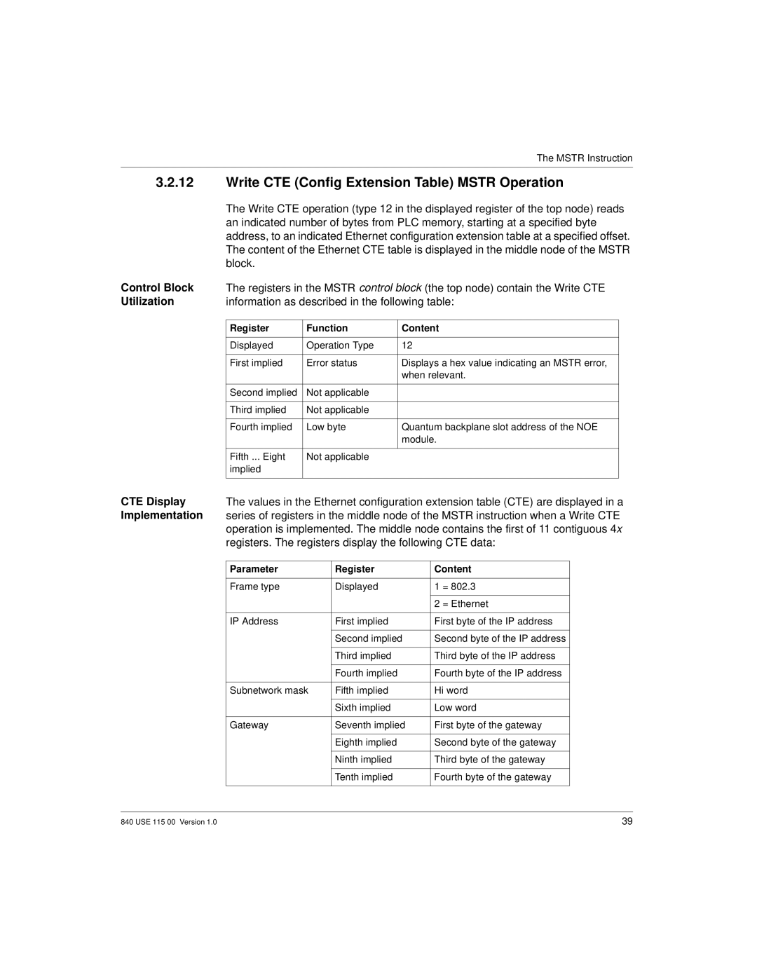 Schneider Optics Modicon Quantum Ethernet manual Write CTE Config Extension Table Mstr Operation 